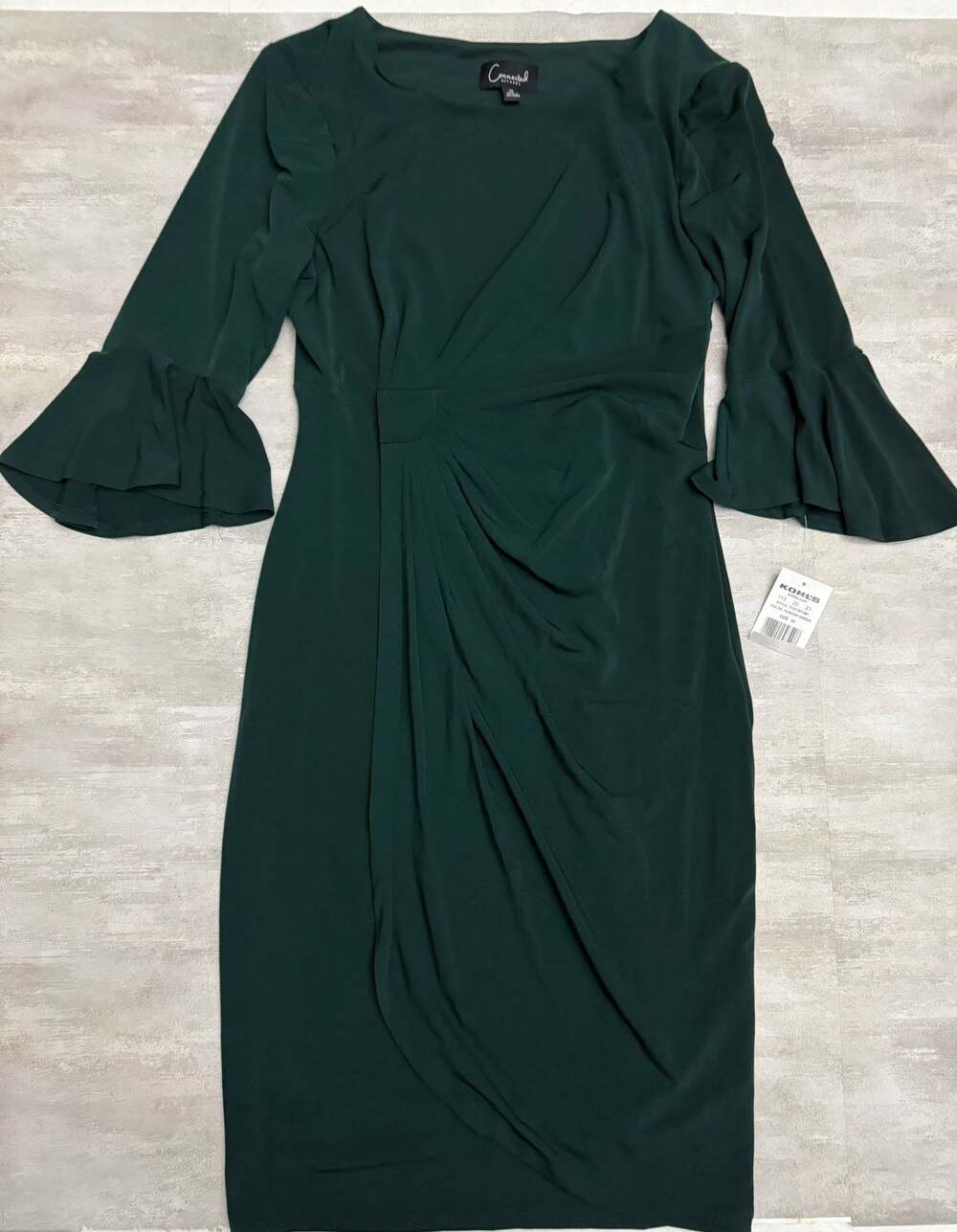 Connected Apparel Hunter Green Boat Neck Flounce Sleeve Side Gathered Sheath Dre